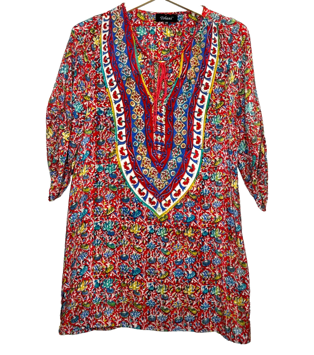 Tolani Top Womens XS Red Blue Silk Tunic Stitched V Neck 3/4 Ruched Sleeve Boho